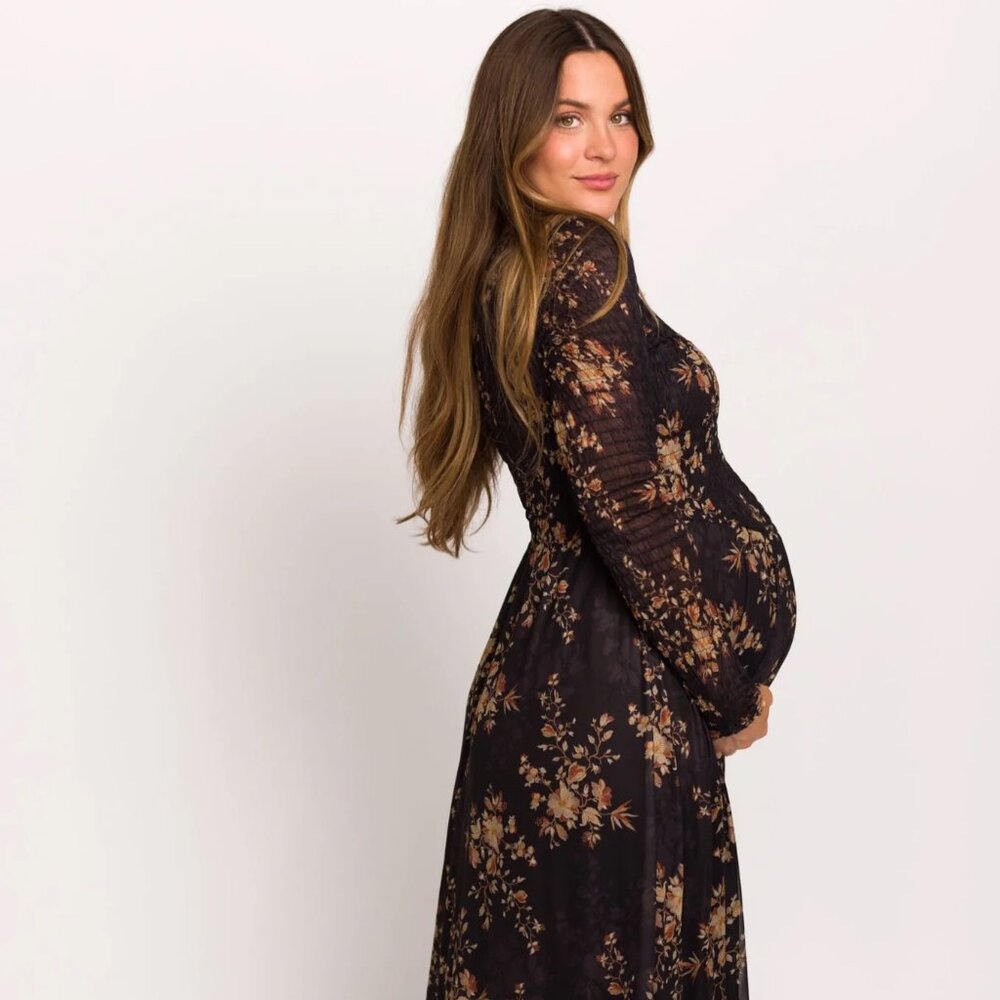 Worth Collective Honor Floral Smocked Woven Maxi Dress in Black - Bump Friendly